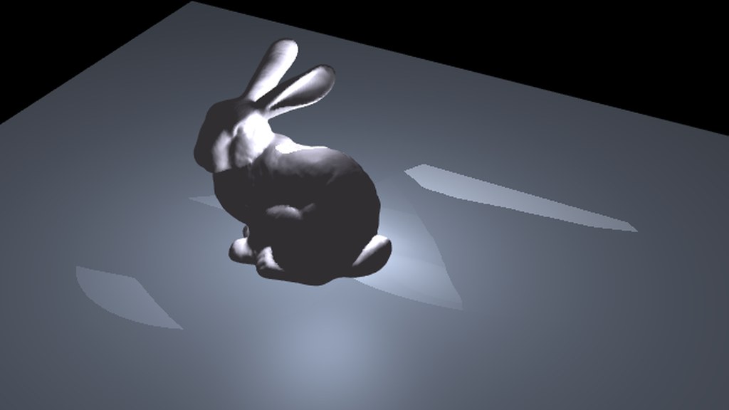 bunny_shadow: the Stanford bunny on a lit ground plane under an aimed spot, casting a soft shadow map