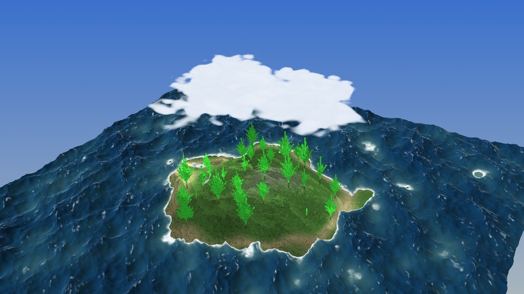 lsystem_coast — an L-system tree island ringed by a GPU spectral FFT ocean with whitecaps and shore foam