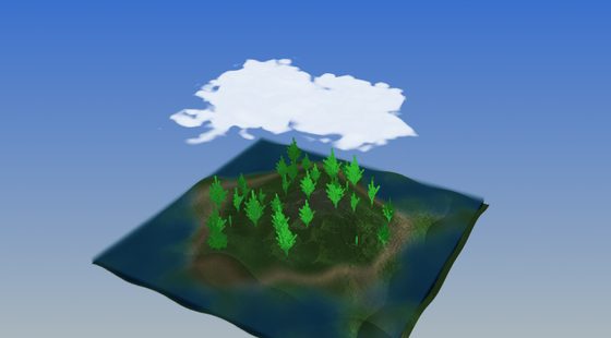 lsystem_forest — a procedural island of L-system trees under a drifting cloud