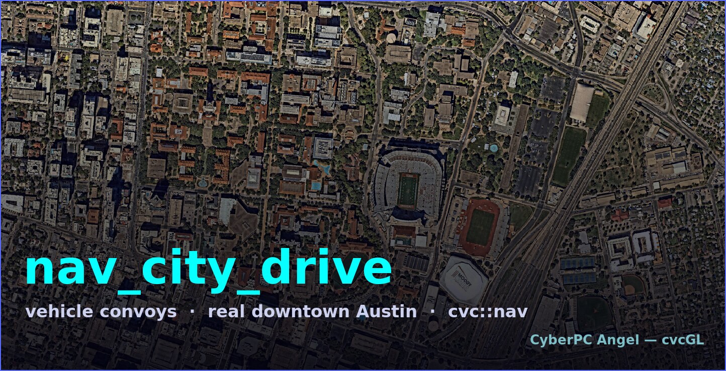 nav_city_drive — colour-coded vehicle convoys threading real downtown Austin to their rally points