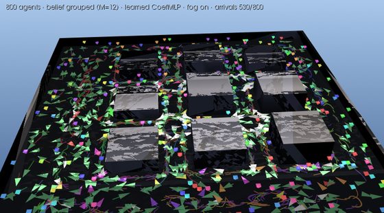 nav_city_swarm — hundreds of coloured vehicles crossing a foggy procedural city