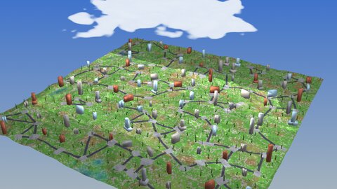 terrain_lab — a live view of the cvc::world L-system terrain generator: material-coloured terrain, L-system trees, solid buildings on paved streets, and water