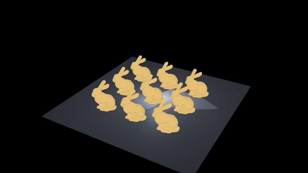volslice_bunny — nine translucent amber bunnies composited from view-aligned slices